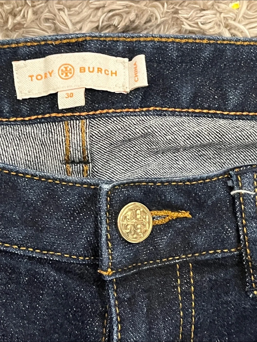 Tory Burch Dark Indigo Skinny Jeans with Gold-Tone Hardware